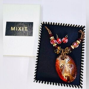 Mixit Vintage Red & Gold Glass Pendant Beaded Necklace with Bead Earrings NIB